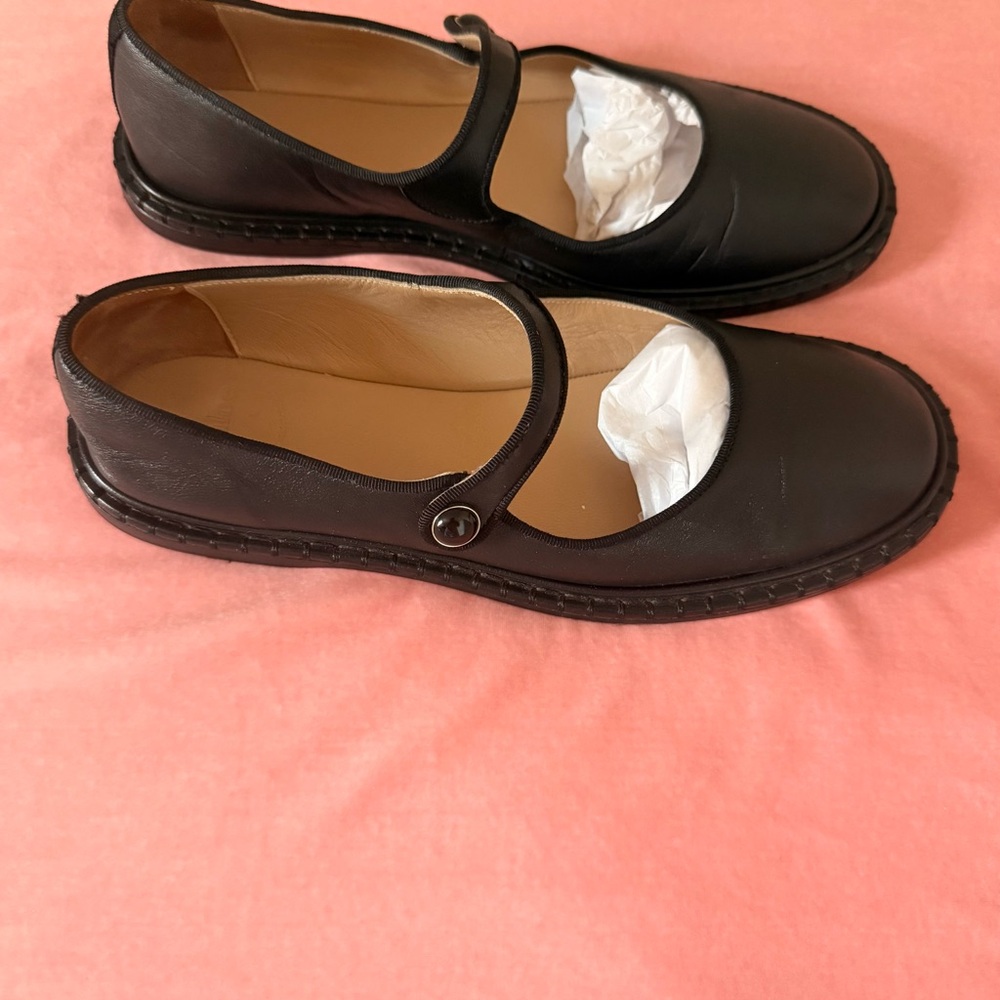 Chloe Black Leather Mary Jane Flats with Button Strap
